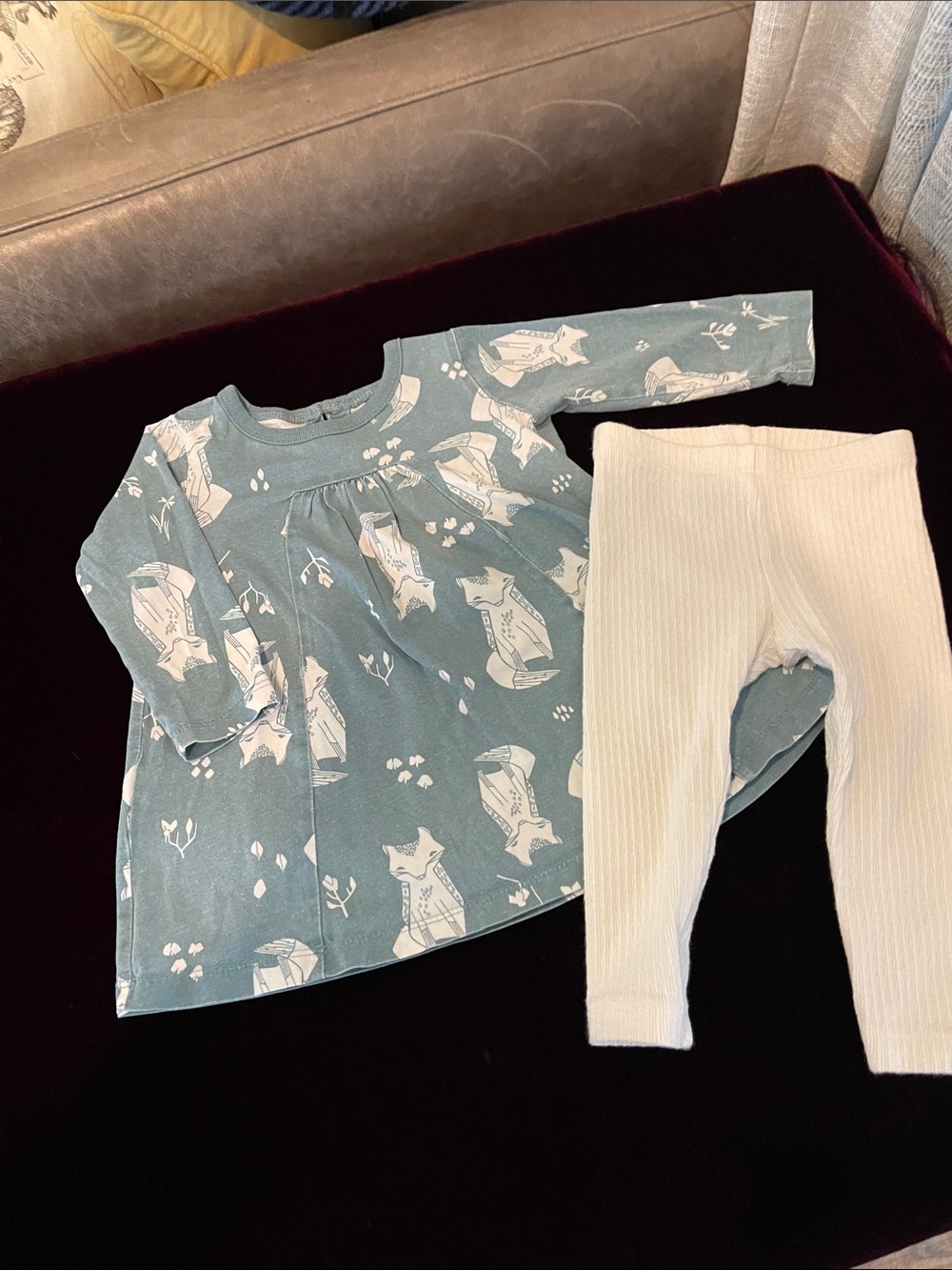 Tea Collection Teal, Fox Print Top with Cream Leggings
